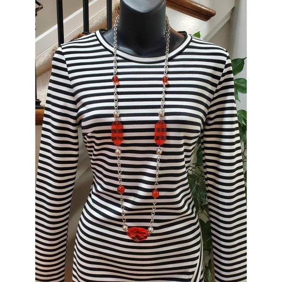 Tea & Cup Black White Striped Long Sleeve Back Zip Knee Length Dress Size Small - Picture 3 of 10